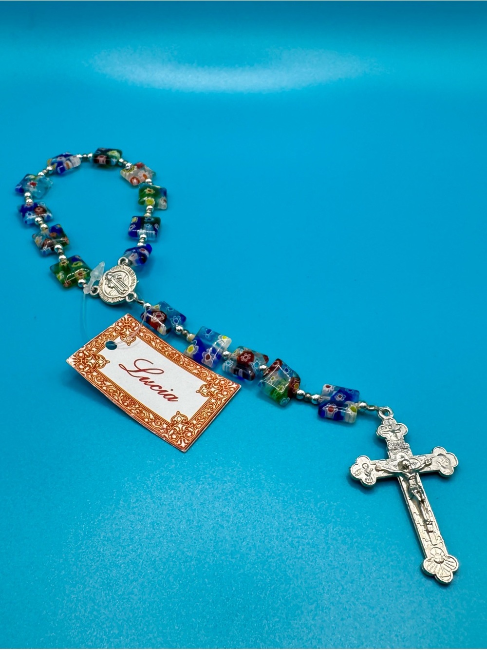 LUCIA Millefoire Beaded Silver Cross Rosary